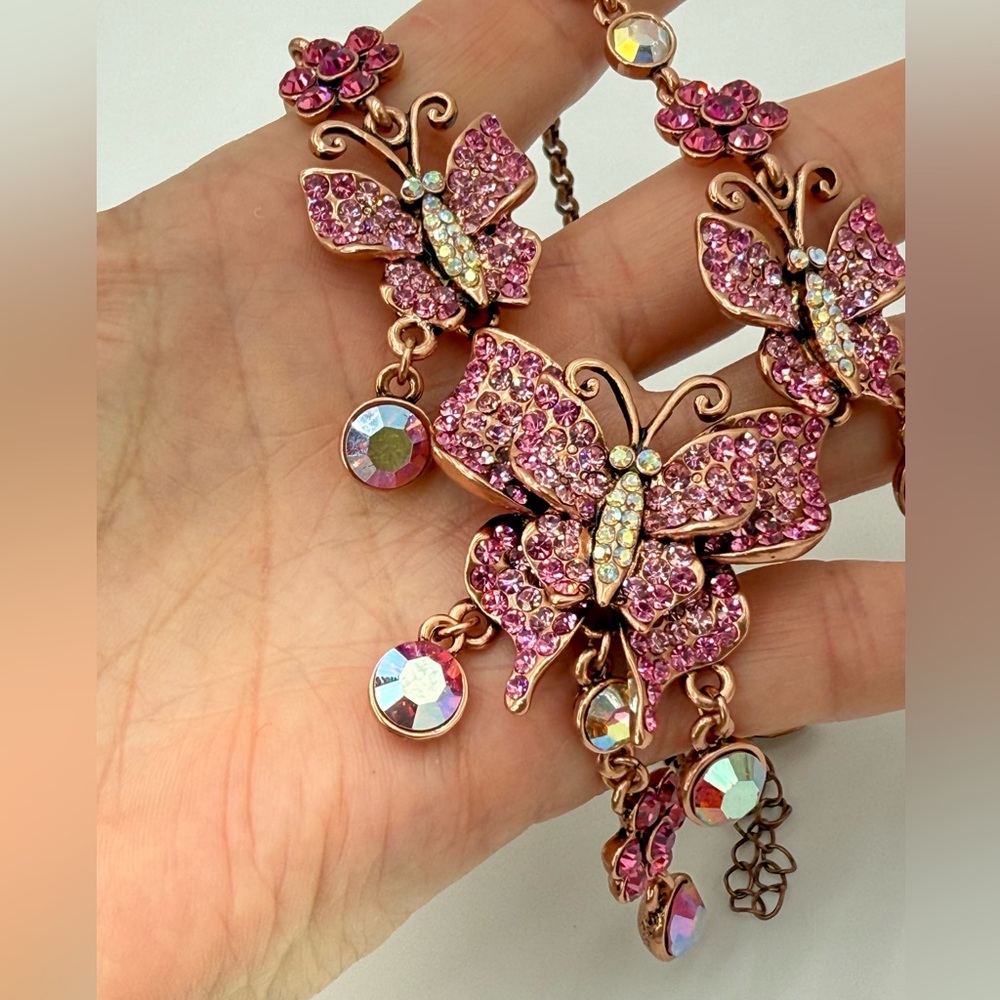 Kirks Folly Pink Butterfly Rhinestone Necklace AB Drop Signed 16”-19” whimsical - Picture 11 of 17